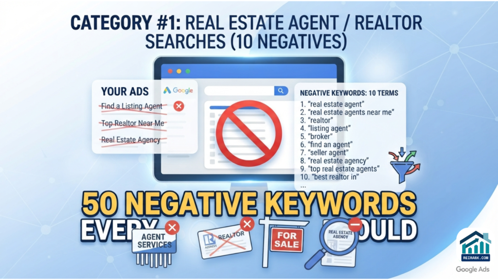 The 50 Negative Keywords Every Cash Buyer Should Add to Google Ads 1 Category #1: Real estate agent / Realtor searches (10 negatives)
